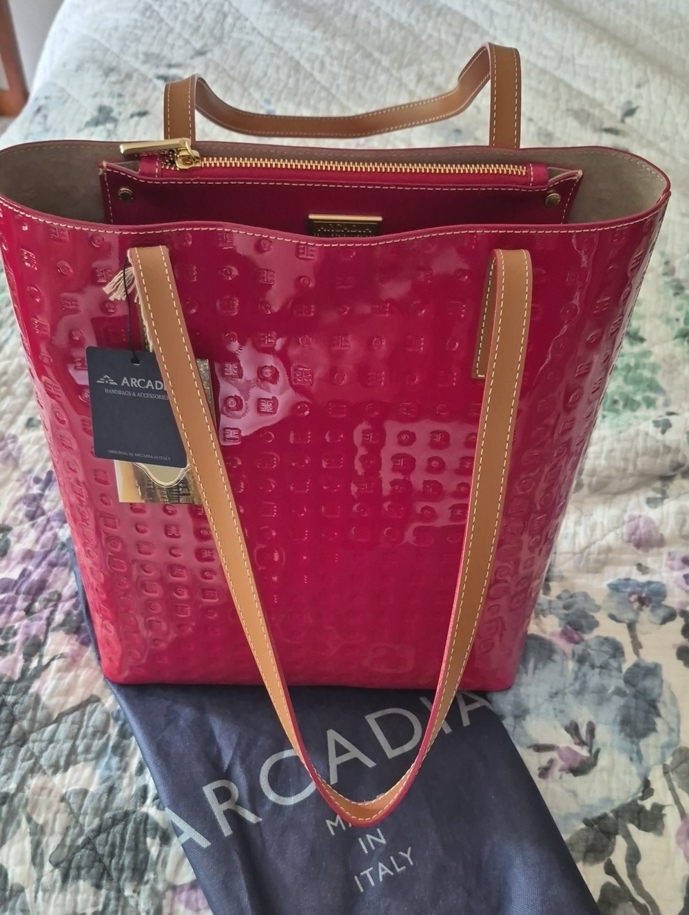 Arcadia Red Patent Leather Tote with Tan Straps